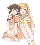 2girls akagi_miria bare_shoulders blush brown_hair closed_eyes commentary d dress fangs fingernails frilled_headwear frilled_wrist_cuffs frills general idolmaster idolmaster_cinderella_girls jougasaki_rika long_hair multiple_girls one_side_up open_mouth orange_dress short_hair short_sleeves simple_background sitting smile symbol-only_commentary toka_999 v white_background wrist_cuffs yellow_dress // 1324x1465 // 206.5KB