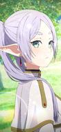 1girl absurdres camui1104 earrings elf frieren general green_eyes highres jewelry light_rays long_hair na-suke pixiv pixiv_122855161 pixiv_32280692 pointy_ears shirt solo sousou_no_frieren tree twintails white_shirt なーすけ_na-suke フリーレン // 1891x4093 // 1.1MB