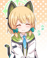 1girl ^_^ animal_ear_headphones animal_ears araki495 blonde_hair blue_archive blue_necktie blush bow cat_ear_headphones cat_ears cat_tail closed_eyes closed_mouth collared_shirt commentary_request facing_viewer fake_animal_ears general green_bow green_halo hair_between_eyes hair_bow halo headphones jacket long_sleeves midori_(blue_archive) necktie open_clothes open_jacket shirt short_hair smile solo tail translation_request upper_body white_jacket white_shirt // 623x769 // 363.3KB