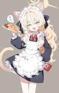1girl alternate_costume animal_ear_fluff animal_ears apron black_dress black_ribbon blonde_hair blue_archive blush bottle bow cat_ears cat_girl cat_tail doodle_sensei_(blue_archive) dress fang fluffy_hair food food_on_clothes general green_eyes hair_between_eyes hair_ribbon hairband hand_on_own_hip holding holding_bottle holding_tray ketchup ketchup_bottle long_hair looking_at_viewer maid maid_apron maid_headdress nokonoko_987 omelet omurice open_mouth professor_niyaniya_(blue_archive) red_bow ribbon sensei_(blue_archive) sidelocks skin_fang tail tomato tray triangle_mouth white_apron white_hairband // 1005x1572 // 184.3KB