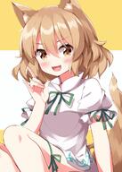 1girl animal_ear_fluff animal_ears blonde_hair blush commentary_request cowboy_shot d fox_ears fox_girl fox_shadow_puppet fox_tail general green_ribbon hair_between_eyes hand_up high_collar kudamaki_tsukasa leg_ribbon looking_at_viewer neck_ribbon open_mouth puffy_short_sleeves puffy_sleeves ribbon ruu_(tksymkw) shirt short_hair short_sleeves simple_background sitting smile solo tail thigh_ribbon touhou two-tone_background white_background white_shirt yellow_background yellow_eyes // 1200x1680 // 950.1KB