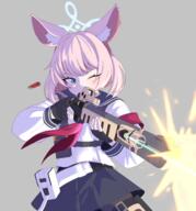 1girl animal_ear_fluff animal_ears black_gloves black_sailor_collar black_skirt blue_archive blue_eyes blue_halo blunt_bangs blush commentary_request cowboy_shot cran_berrie fighting_stance fingerless_gloves firing fox_ears fox_girl general gloves grey_background gun halo holding holding_gun holding_weapon korean_commentary long_sleeves looking_ahead medium_hair miniskirt motion_blur muzzle_flash neckerchief niko_(blue_archive) one_eye_closed pink_hair pleated_skirt pump_action red_neckerchief remington_870 sailor_collar school_uniform serafuku shell_casing shirt shotgun simple_background skirt solo v-shaped_eyebrows weapon white_shirt // 3800x4065 // 3.2MB