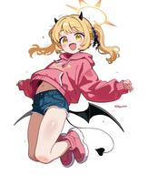 bare_legs black_ribbon blonde_hair blue_archive blue_shorts blush commentary d demon_girl demon_horns demon_tail demon_wings denim denim_shorts dot_nose english_commentary fang floating_hair full_body general hair_ribbon halo hepari hepariart hood hood_down hoodie horns ibuki_(blue_archive) jumping long_hair long_sleeves looking_at_viewer navel open_mouth pink_hoodie pink_shoes print_hoodie ribbon shoes short_shorts shorts simple_background skin_fang smile tail tweet_bluearchive tweet_ブルアカ twintails twitter.com twitter_username white_background wings yellow_eyes yellow_halo // 3487x4096 // 574.0KB