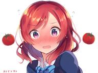 10s 1_female 1girl blazer blazer_jacket blush blushed bow bowtie commentary_request embarrassed eyebrows eyebrows_visible_through_hair face female jacket looking_at_viewer love_live love_live! love_live!_(series) love_live!_school_idol_project medium_hair nishikino_maki nonono nonono_(nononotea) nononon nose_blush otonokizaka_school_uniform pov purple_eyes red_hair safe school_uniform schoolgirl_uniform seifuku sensitive serafuku short_hair simple_background solo tomato translated uniform wavy_mouth white white_background winter_uniform // 1600x1200 // 1.3MB