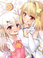 2girls arcueid_brunestud ascot bare_shoulders blonde_hair blue_skirt blush breasts cape carnival_phantasm choker cleavage commentary_request crescent crescent_hair_ornament dress earrings elbow_gloves fategrand_order fatekaleid_liner_prisma_illya fate_(series) fate_grand_order fate_kaleid_liner_prisma_illya feather_hair_ornament feathers gloves gold_trim grin hair_ornament highres illyasviel_von_einzbern jewelry large_breasts layered_gloves long_hair looking_at_viewer magical_ruby mochi_(k620803n) multiple_girls open_mouth partial_commentary phantas-moon pink_dress pink_gloves prisma_illya red_eyes sensitive short_hair sidelocks skirt small_breasts smile two_side_up white_cape white_dress white_gloves white_hair // 1115x1500 // 945.1KB