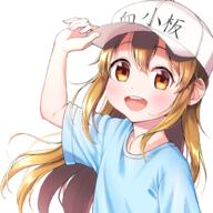 1girl bangs blonde_hair blue_shirt blush brown_eyes child commentary commentary_request d general hat hataraku_saibou holding holding_clothes holding_hat long_hair open_mouth platelet_(hataraku_saibou) safe shirt short_sleeves simple_background smile solo teeth tomozu upper_teeth_only white_background white_hat white_headwear // 1000x1000 // 798.0KB