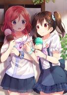 10s 2girls black_hair blush brown_hair chocolate chocolate_ice_cream chocolate_mint_ice_cream clothing commentary_request cowboy_shot double_scoop female food hair_ornament hairclip hairpin high_resolution highres ice_cream ice_cream_cone jewelry loli long_hair looking_at_another love_live! love_live!_school_idol_festival love_live!_school_idol_project multiple_females multiple_girls nishikino_maki nonono nonono_(nononotea) nononon o open_mouth pink_eyes pleated_skirt purple_eyes red_eyes red_hair safe school_uniform sensitive short_hair short_sleeves skirt smile spoon strawberry_ice_cream surprised tied_hair twintails uniform vanilla_ice_cream wristband yazawa_nico young // 1000x1414 // 1.5MB