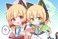 2girls animal_ear_headphones animal_ears araki495 blonde_hair blue_archive blue_necktie blush bow cat_tail chestnut_mouth closed_mouth collared_shirt commentary_request cropped fake_animal_ears general green_bow green_eyes green_halo hair_bow halo headphones jacket long_sleeves midori_(blue_archive) momoi_(blue_archive) multiple_girls necktie open_clothes open_jacket open_mouth pink_halo red_bow red_eyes shirt short_hair siblings sisters speech_bubble spoken_question_mark tail twins white_jacket white_shirt // 1321x908 // 846.9KB