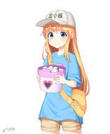 1girl avant_garde_(artist) bad_id bad_pixiv_id bag baseball_cap blonde_hair blue_eyes blue_shirt brown_shorts bucket hat hataraku_saibou long_hair platelet_(hataraku_saibou) safe sensitive shirt short_sleeves shorts simple_background smile solo white_background white_hat white_headwear // 4500x5500 // 1.6MB