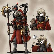 ! !! 1girl adeptus_mechanicus armor artificial_eye axe blonde_hair bread bread_slice english_commentary eyepatch food gas_mask general halberd highres hood mask mechanical_tentacles octosoup polearm purity_seal red_robe rnrqkq123 robe scroll servo-skull short_hair skull solo toast toaster twitter.com warhammer_40,000 warhammer_40k weapon wrist_computer yellow_eyes // 1800x1800 // 761.9KB
