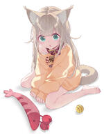 1 1girl 2d_art 40hara 40原 animal_ear_fluff animal_ears ball barefoot brown_hair cat_ears cat_girl cat_tail clothes_writing collar commentary_request feet full_body general green_eyes highres kinako_(40hara) long_hair long_sleeves looking_at_viewer original parted_lips pixiv_124910730 pixiv_554102 puffy_long_sleeves puffy_sleeves red_collar shadow shirt simple_background sitting solo tail toes very_long_hair wariza white_background yellow_shirt うちのねこが女の子でかわいい うちのねこが女の子でかわいい６ きなこ(嫌パン) オリジナル 女の子 // 1200x1539 // 210.6KB