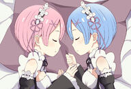 asymmetrical_bangs big_breasts blue_eyes blue_hair closed_eyes duo family female one_eye_showing peek-a-boo_bang pink_hair png_conversion ram_(re_zero) re_zero_kara_hajimeru_isekai rem_(re_zero) seikatsu servachok short_hair siblings side_bangs twins two_girls // 1280x865 // 582.4KB
