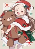 1girl aoba_kokona back_bow bow braid braided_bangs brown_hair capelet christmas closed_eyes commentary cowboy_shot d dress facing_viewer fur-trimmed_capelet fur-trimmed_dress fur_trim general green_bow hat holding holding_stuffed_toy long_hair open_mouth oversized_object red_capelet red_hat santa_dress santa_hat satou_asuka short_dress smile solo sparkle standing stuffed_animal stuffed_toy teddy_bear twitter_username yama_no_susume // 643x900 // 86.1KB