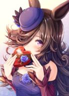 1girl 2023 akashio_(loli_ace) akasiosio animal_ears animal_humanoid blue_dress blue_flower blue_rose blush box breasts brown_hair clothed clothing commentary dress equid equid_humanoid equine equine_humanoid female fingernails flower gift gift_box hair hair_over_eye hair_over_one_eye hat headgear headwear heart-shaped_box highres holding holding_gift holding_object horse_ears horse_girl horse_humanoid humanoid long_hair long_sleeves looking_at_viewer mammal mammal_humanoid off-shoulder_dress off_shoulder one_eye_obstructed purple_eyes purple_hat purple_headwear questionable rice_shower_(pretty_derby) rice_shower_(uma_musume) rice_shower_(umamusume) rose safe sensitive solo tilted_headwear uma_musume_-_pretty_derby uma_musume_pretty_derby umamusume upper_body valentine バレンタイン 吸い込まれそうな瞳 // 1200x1669 // 2.3MB