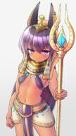 ( 1girl >( animal_ears anubis breasts dark-skinned_female dark_skin earrings egyptian_clothes egyptian_mythology gold hair_ornament haru-t highres holding holding_staff jackal_ears jewelry long_hair nemes original purple_eyes purple_hair safe small_breasts snake_hair_ornament staff usekh_collar v-shaped_eyebrows violet_eyes // 1338x2370 // 2.9MB