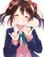 10s 1_female 1girl ^_^ black_hair blazer blue_jacket blush bow bowtie cardigan cardigan_under_jacket closed_eyes commentary_request eyes_closed facing_viewer female gradient gradient_background green_bow green_bowtie hair_bow hair_ornament high_resolution highres jacket love_live! love_live!_school_idol_project nonono nonono_(nononotea) nononon open_clothes open_collar open_jacket open_mouth otonokizaka_school_uniform pink_cardigan red_bow safe school_uniform shirt short_hair simple_background smile smile_for_the_camera! solo teeth tied_hair toothy_grin_nico twintails uniform white_shirt wing_collar winter_uniform yazawa_nico // 1000x1280 // 1.3MB