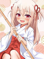 1girl blush breasts fatekaleid_liner_prisma_illya fate_(series) fate_kaleid_liner_prisma_illya general hair_ribbon hakama hakama_skirt highres illyasviel_von_einzbern japanese_clothes kimono long_hair long_sleeves looking_at_viewer miko mochi_(k620803n) open_mouth red_eyes red_hakama ribbon sidelocks skirt small_breasts smile solo two_side_up white_hair white_kimono wide_sleeves // 1491x2000 // 1.2MB