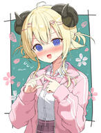 1girl @_@ animal_ears blonde_hair blush border bow breasts brown_skirt collared_shirt d dress_shirt floral_background flying_sweatdrops general green_background hair_ornament hairclip hands_up heart hololive horns jacket long_sleeves mauve nose_blush open_clothes open_jacket open_mouth pink_bow pink_jacket plaid_clothes plaid_skirt pleated_skirt puffy_long_sleeves puffy_sleeves purple_eyes sheep_ears sheep_girl sheep_horns shirt skirt sleeves_past_wrists small_breasts smile solo track_jacket tsunomaki_watame tsunomaki_watame_(school_uniform) twintails twitter_username v-shaped_eyebrows virtual_youtuber white_border white_shirt x_hair_ornament // 700x923 // 209.3KB