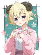 1girl animal_ears blonde_hair blush border bow breasts brown_skirt collared_shirt commentary_request d dress_shirt floral_background general green_background hair_between_eyes hair_ornament hairclip hands_up heart heart_hair_ornament hololive horns jacket long_sleeves looking_at_viewer mauve open_clothes open_jacket open_mouth pink_bow pink_jacket plaid_clothes plaid_skirt pleated_skirt puffy_long_sleeves puffy_sleeves purple_eyes sheep_ears sheep_girl sheep_horns shirt skirt sleeves_past_wrists small_breasts smile solo track_jacket tsunomaki_watame tsunomaki_watame_(school_uniform) twintails twitter_username virtual_youtuber white_border white_shirt x_hair_ornament // 700x923 // 206.8KB