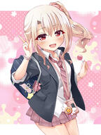 1girl bag black_jacket blush bracelet breasts candy cellphone_charm charm_(object) collared_shirt dress_shirt fatekaleid_liner_prisma_illya fate_(series) fate_kaleid_liner_prisma_illya food general gyaru highres illyasviel_von_einzbern jacket jewellery jewelry kogal lollipop long_hair long_sleeves looking_at_viewer magical_ruby mochi_(k620803n) necktie open_clothes open_jacket open_mouth pink_skirt red_eyes safe school_bag school_uniform shirt side_ponytail sidelocks skirt small_breasts smile solo thighs white_hair white_shirt // 1125x1500 // 470.5KB