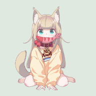 1girl 2d_art 3 40hara 40原 animal_ears barefoot blue_eyes brown_hair brown_shirt cat_ears cat_girl cat_tail collar commentary_request full_body general grey_background highres kinako_(40hara) long_hair long_sleeves looking_at_viewer mouth_hold original pixiv_125445262 pixiv_554102 puffy_long_sleeves puffy_sleeves red_collar shirt simple_background sleeves_past_wrists solo tail very_long_hair うちのねこが女の子でかわいい きなこ(嫌パン) けりぐるみエビ オリジナル 女の子 遊んで🦐🐈 // 2000x2000 // 279.5KB