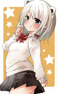 1girl alternate_costume alternative_costume animal_ears arched_back bear_ears blue_eyes bow bowtie braid breasts cardigan clothing female grin hair_ornament hair_ribbon hand_up highres indie_virtual_youtuber kumagai_chisato looking_at_viewer mochi_(k620803n) red_bow red_ribbon ribbon s safe school_uniform sensitive short_hair single_braid small_breasts smile solo star_(symbol) starry_background thighs tied_hair uniform virtual_youtuber white_hair yellow_background // 1000x1600 // 495.2KB