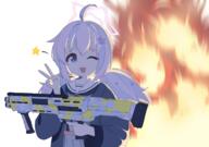1girl ;d ahoge backlighting black_jacket black_neckerchief blue_archive blue_hair bullpup commentary cowboy_shot cran_berrie explosion eyebrows_hidden_by_hair furrowed_brow general grey_serafuku grey_shirt gun hair_between_eyes hair_ornament halo hand_up holding holding_gun holding_weapon jacket long_hair long_sleeves looking_at_viewer low_twintails midriff motion_blur multicolored_hair neckerchief one_eye_closed open_clothes open_jacket open_mouth pink_hair pink_halo pump_action purple_eyes reisa_(blue_archive) sailor_collar school_uniform serafuku shirt shotgun simple_background smile solo standard_manufacturing_dp-12 star_(symbol) star_hair_ornament star_halo streaked_hair tareme twintails two-tone_hair upper_body v victory_pose weapon white_background white_sailor_collar wide_sleeves // 4331x3036 // 5.0MB