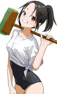 1girl black_one-piece_swimsuit broom brown_eyes clenched_teeth grin holding holding_broom looking_at_viewer manemane_nichinichi nagisa_akane one-piece_swimsuit ponytail sensitive shirt short_hair short_sleeves simple_background smile solo swimsuit swimsuit_under_clothes t-shirt teeth tied_shirt white_background white_shirt yamamoto_souichirou // 2465x4096 // 624.6KB