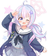 1girl ahoge araki495 arm_up black_neckerchief black_neckwear blue_archive blue_hair blue_jacket blush clavicle clothing collarbone commentary_request crossed_bangs female general grey_serafuku grey_shirt grey_skirt hair_ornament halo highres jacket light_blue_hair long_hair long_sleeves multicolored_hair neckerchief one_arm_up one_eye_closed open_mouth pink_hair pink_halo pleated_skirt purple_eyes questionable reisa_(blue_archive) sailor_collar school_uniform serafuku shirt skirt solo star_(symbol) star_hair_ornament star_halo stuffed_animal stuffed_cat stuffed_toy tied_hair twintails two-tone_hair uniform violet_eyes white_sailor_collar wide_sleeves // 1212x1400 // 1.3MB