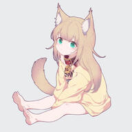 1girl 2024 40hara 40原 5_toes animal_ear_fluff animal_ears animal_humanoid bangs bare_legs barefoot between_legs brown_hair cat_ears cat_girl cat_humanoid cat_tail child closed_mouth clothes_writing clothing collar commentary_request feet felid felid_humanoid feline feline_humanoid female full_body general green_eyes grey_background hair hand_between_legs highres kinako_(40hara) long_hair looking_at_viewer mammal name_tag nekomimi off_shoulder original pixiv_124222704 pixiv_554102 plantigrade red_collar romaji_text safe shirt simple_background sitting soles solo tail tan_hair toes topwear very_long_hair yellow_shirt young young_female young_humanoid うちのねこが女の子でかわいい うちの子3000users入り きなこ(嫌パン) ちょこん ちょこん🐈 オリジナル 女の子 正方形 裸足 // 1500x1500 // 206.6KB