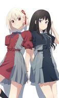 2girls absurdres against_wall bangs belt black_hair blonde_hair blue_dress blue_ribbon breasts camui1104 closed_mouth clothing cowboy_shot dress female general grey_dress hair_between_eyes hair_ornament hair_ribbon highres inoue_takina leaning long_hair long_sleeves looking_at_viewer looking_to_the_side lycoris_recoil lycoris_uniform medium_breasts multiple_girls na-suke neck_ribbon nishikigi_chisato one_side_up pleated_dress purple_eyes red_belt red_dress red_eyes red_ribbon ribbon s school_uniform shadow short_hair simple_background smile thighs two-tone_dress uniform violet_eyes white_background たきな ちさたき なーすけ_na-suke リコリコ リコリス・リコイル リコリス・リコイル1000users入り 井ノ上たきな 千束 夏服 錦木千束 // 2626x4384 // 1.2MB