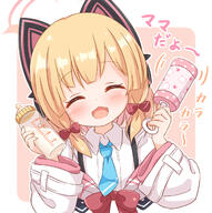 1girl ^_^ animal_ear_headphones animal_ears araki495 baby_bottle blonde_hair blue_archive blue_necktie blue_neckwear blush bottle bow brown_background closed_eyes collared_shirt commentary_request cropped_torso d facing_viewer fake_animal_ears general hair_bow halo headphones highres holding jacket long_sleeves momoi_(blue_archive) necktie off_shoulder open_mouth rattle red_bow revision safe saiba_momoi shirt sidelocks smile solo suspenders translated two-tone_background upper_body white_background white_jacket white_shirt wide_sleeves // 1291x1300 // 1008.5KB