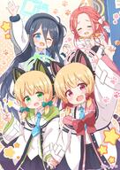 4girls ;d animal_ear_headphones animal_ears araki495 aris_(blue_archive) arm_up black_hair black_hairband black_shorts black_skirt blonde_hair blue_archive blue_necktie blush bow braid collared_shirt commentary_request dress_shirt fake_animal_ears forehead general green_bow hair_bow hairband halo hand_up headphones highres holding_hands interlocked_fingers jacket locker long_hair long_sleeves midori_(blue_archive) momoi_(blue_archive) multiple_girls necktie one_eye_closed one_side_up open_clothes open_jacket open_mouth parted_bangs pleated_skirt polka_dot polka_dot_background power_symbol puffy_long_sleeves puffy_sleeves red_bow red_hair shirt shorts siblings sisters skirt smile star_(symbol) twintails twitter_username v very_long_hair white_bow white_jacket white_shirt wide_sleeves yuzu_(blue_archive) // 900x1271 // 254.8KB