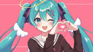 1girl alternate_costume angel angel_wings arrow_through_heart black_shirt blouse blue_eyes blue_hair collar collared_shirt commentary hair_ornament halo hatsune_miku header heart heart_hair_ornament heart_hands looking_at_viewer none noneon319 one_eye_closed open_mouth safe sailor_collar school_uniform sensitive shirt smile solo thread twintails user_tfwh5323 vocaloid white_collar wings // 3840x2160 // 2.8MB