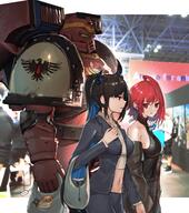 1boy 2girls absurdres adeptus_astartes advarcher alternate_costume anonamos_701 armor bag black_hair black_jacket black_pants blood_ravens blue_hair collared_shirt commentary crop_top demon_horns elizabeth_rose_bloodflame high_ponytail highres holding holding_bag hololive hololive_english horns jacket midriff multicolored_hair multiple_girls navel nerissa_ravencroft pants pauldrons photo_background ponytail power_armor pun red_armor red_eyes red_hair sensitive shirt shoulder_armor space_marine twitter.com two-tone_hair virtual_youtuber warhammer_40k white_shirt // 3628x4096 // 1.8MB