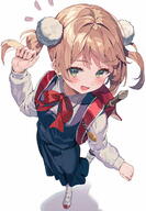 backpack bag blush collar_(clothes) fanart female green_eyes hair_ornament looking_at_camera mary_janes open_mouth pixiv pom_pom_(clothes) pom_pom_hair_ornament red_neckwear red_ribbon ribbon shoes smile solo top uwabaki white_top // 832x1200 // 458.1KB
