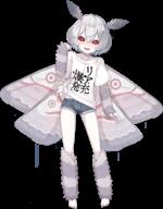 1girl actia_(monster_musume) antennae barefoot blush clothes_writing compound_eyes demin_shorts insect_girl insect_wings looking_at_viewer monster_girl monster_musume moth_girl moth_wings no_background pettanko png print_shirt red_eyes short_hair short_shorts shorts solo transparent_background white_hair white_shirt whole_body wings // 373x477 // 149.6KB