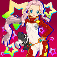 1girl blue_eyes bodysuit covered_navel darry_adai hand_on_hip long_hair pilotsuit pink_hair ponytail_(long) red_background shrug_(outfit) skin_tight small_breasts solo star_(symbol) star_print stuffed_toy tengen_toppa_gurren_lagann wavy_hair // 1080x1080 // 1004.3KB