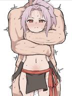 1boy 1girl asphyxiation black_gloves blush bulge choking clothed_female_nude_male fingerless_gloves height_difference hug hug_from_behind implied_penetration kunoichi loincloth navel ninja no_background pelvic_curtain pink_hair ponytail red_eyes restrained sazanka_(kunoichi_tsubaki_no_mune_no_uchi) sexually_suggestive stomache_bulge strong_grip suggestive_fluids sweat white_background // 1400x1872 // 273.3KB