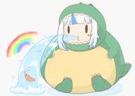 chibi dino_gura gawr_gura hair_highlight_(blue) hololive rainbow shrimp spitting squirt water white_background white_hair // 1759x1242 // 749.3KB