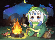 :3 camp_fire chibi crescent_moon dino_gura fire gawr_gura hair_highlight_(blue) hololive marshmellow night pigtails shrimp white_hair // 1500x1085 // 504.1KB