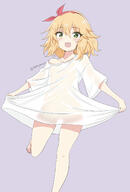 1girl barefoot blonde_hair clothes_lift fluffy_hair green_eyes grey_background hairband idol_master idol_master_cinderella_girls implied_nopan loli off_shoulder open_mouth oversized_clothes oversized_shirt red_ribbon ribbon sakurai_momoka see-through_silhouette short_hair silhouette smile standing_on_one_leg white_shirt // 932x1373 // 338.4KB