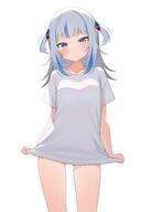 1girl archway_of_venus blue_eyes gawr_gura hair_highlight_(blue) hololive implied_nopan looking_at_viewer no_background pettanko pigtails shark_girl shirt_tug solo vtuber white_background white_hair white_shirt // 2000x2800 // 203.6KB