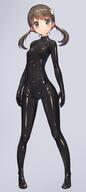 1girl :3 blue_eyes blush bodysuit brown_hair covered_navel full_body gimpsuit grey_background hair_ornament latex latex_bodysuit no_background pigtails_(long) shiny_clothes skin_tight skindentation solo standing whole_body // 440x988 // 38.7KB