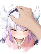 1girl ^-^ blunt_bangs blush child closed_eyes cropped_torso dragon_girl flat_chest hair_beads hair_highlight_(purple) hairband hand_on_another's_head headpat horns kanna_kamui miss_kobayashi's_dragon_maid motion_lines pfp pov straight-on two-tone_hair white_background white_hair // 1207x1591 // 151.3KB