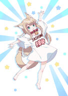 1girl 40hara :p animal_ear_fluff animal_ears arms_up barefoot bell cat_ears cat_girl cat_tail child collar full_body kemonomimi kinako_(40hara) smile star_(symbol) strawberry_blonde_hair white_shirt whole_body // 1000x1412 // 169.2KB