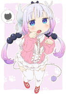 1girl atfbooru.ninja beads blue_eyes blush border bow bow_hairband commentary dated dragon_girl dragon_horns dress english_text female female_focus fully_clothed general gradient_hair hair_beads hair_bow hair_ornament hairband highres horns kanna_kamui kobayashi-san_chi_no_maid_dragon kobayashi-san_chi_no_maidragon lavender_hair legwear loli long_hair looking_at_viewer multicolored_hair open_mouth outline paw_pose paw_print paw_print_background pink_dress pink_footwear purple_background purple_hair samansa_ex shoes solo speech_bubble standing symbol-only_commentary tail thigh-highs thighhighs tongue twintails white_border white_legwear white_outline white_thighhighs // 1240x1748 // 1.2MB