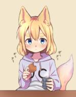 1_female 1girl animal_ears animal_tail blue_eyes blush closed_mouth commentary_request cookie cup ears eyebrows eyebrows_visible_through_hair female food fox_ears fox_tail holding holding_food hood hood_down hoodie kai_himo kotatsu looking_at_viewer mature original pov purple_hoodie safe short_hair simple_background sitting solo steam table tail tail_raised thick_eyebrows yellow_background // 539x693 // 329.2KB