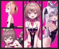 4girls absurdres animal_ears arm_strap bare_shoulders bewitching_thighs black_leotard black_ribbon blue_eyes bow bowtie breasts brown_eyes brown_hair bunny_girl character_request clothing_cutout commentary_request cutout_above_navel detached_collar fake_animal_ears fake_tail green_eyes grey_eyes grey_hair hair_ornament hair_ribbon hairband heart heart-shaped_pupils heart_cutout heart_hair_ornament highleg highleg_leotard highres kyumi_(mannack) leotard light_brown_hair loli long_hair looking_at_viewer looking_to_the_side mannack mannack0106 multiple_girls open_mouth orange_hair original out-of-frame_censoring pink_background playboy_bunny questionable rabbit-shaped_pupils rabbit_ears rabbit_hole rabbit_hole_(vocaloid) rabbit_tail raku_(mannack) red_bow red_bowtie ribbon sexually_suggestive short_hair small_breasts smile strapless strapless_leotard sweat symbol-shaped_pupils tail teardrop_facial_mark teeth thighhighs thighs two_side_up upper_teeth_only white_hairband x_hair_ornament まんなく らく オリジナル キュミ バニーガール ラビットホール ロリ 魅惑のふともも // 3205x2674 // 6.4MB