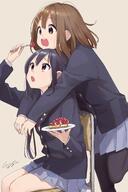 2girls arms_around_neck black_hair black_legwear blazer blue_jacket blue_skirt brown_eyes brown_hair chair commentary eyebrows_visible_through_hair feeding female food fork fruit hair_ornament hairpin hirasawa_yui holding jacket k-on! leg_up lesbian long_hair looking_up multiple_girls nakano_azusa o open_mouth pantyhose plate pomu safe sakuragaoka_high_school_uniform school_uniform seifuku short_hair sidelocks signature simple_background sitting skirt strawberry tart_(food) teeth twintails upper_teeth yuri // 2731x4096 // 643.6KB